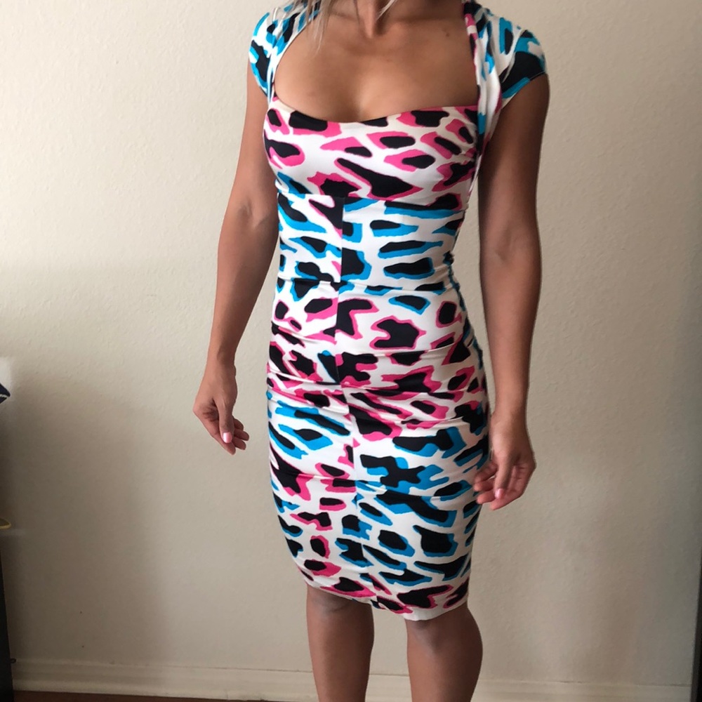 Sexy midi blue pink leopard Cache dress